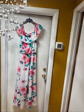 White Maxi Dress with Pink Floral Print and Teal Green Accents